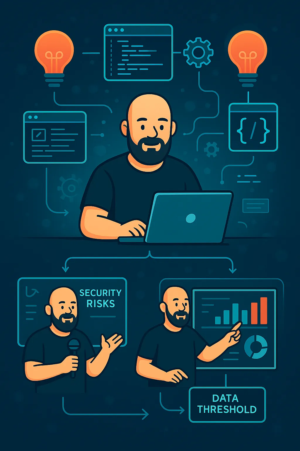 Illustration of Christian designing a redundant network, reviewing firewall policies on a laptop, and collaborating with teams, connected by flowing cables to symbolise resilient infrastructure.