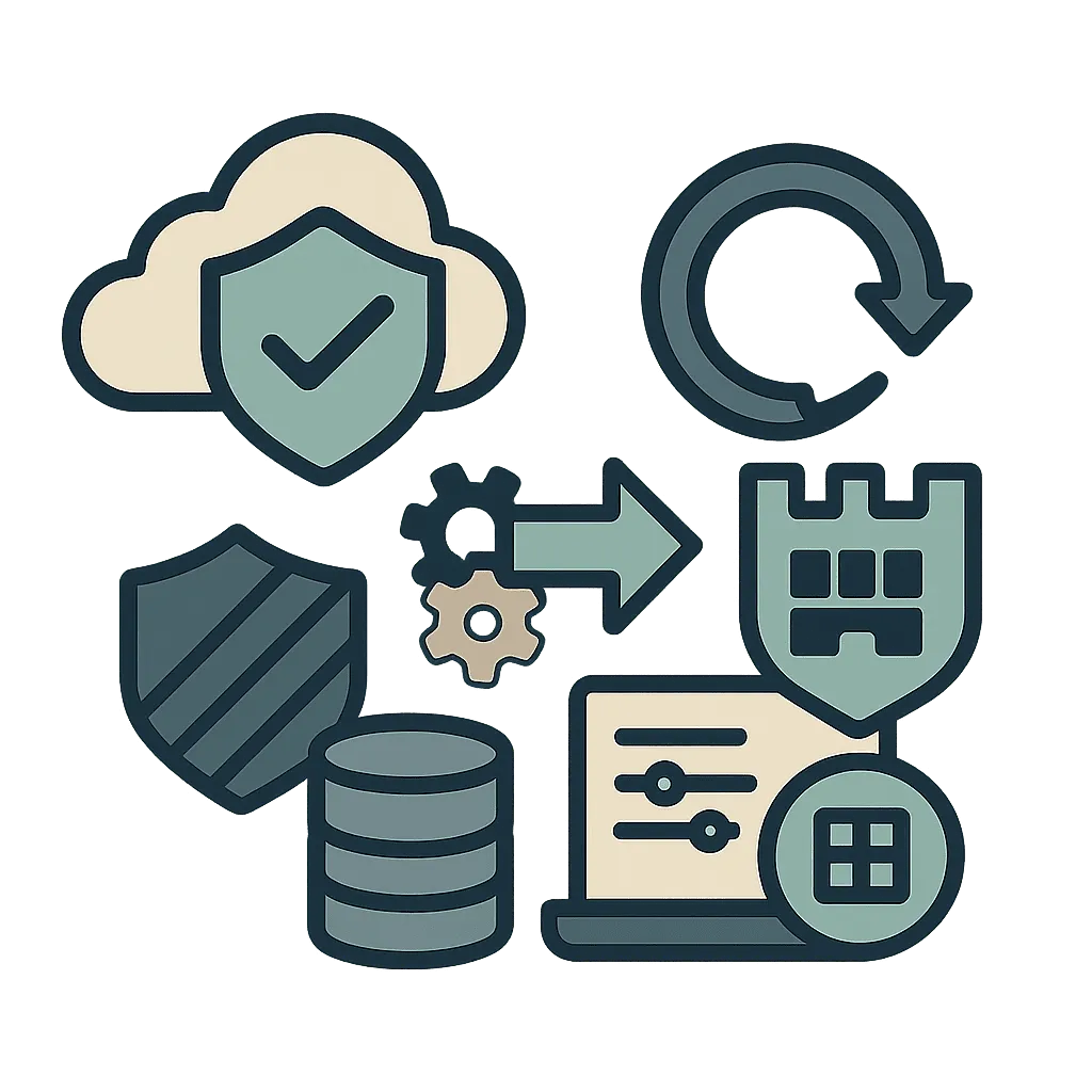 Diagram showing firewall migration steps between vendor platforms with continuous service lines.